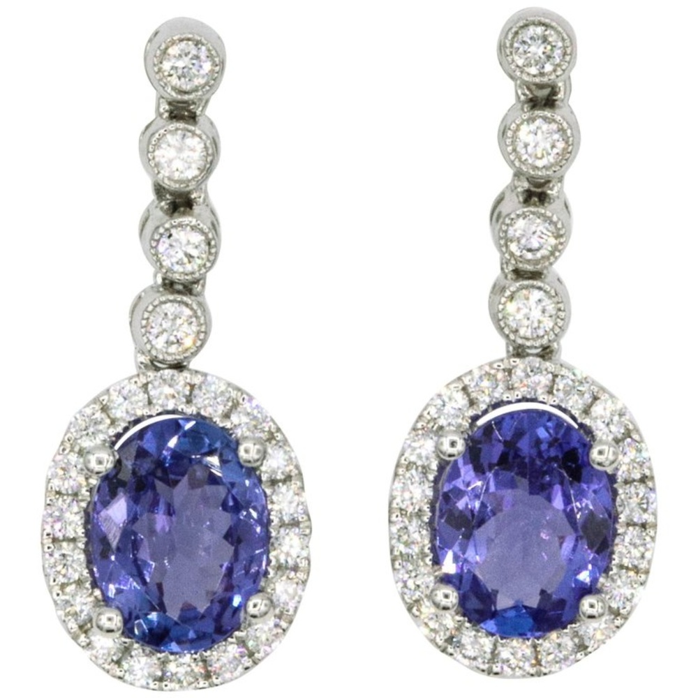 Tanzanite Diamond Halo Drop Earrings 3.15 CT 18K